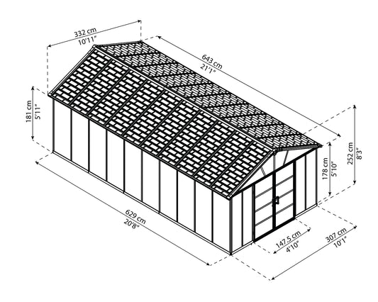 Palram - Canopia Yukon Outdoor Storage Shed 11' x 21' Gray for Backyard, Patio, Garden, Tools, Bikes, Lawnmower, Durable, Weather, Water, Snow, Rust Resistant Aluminum Frame