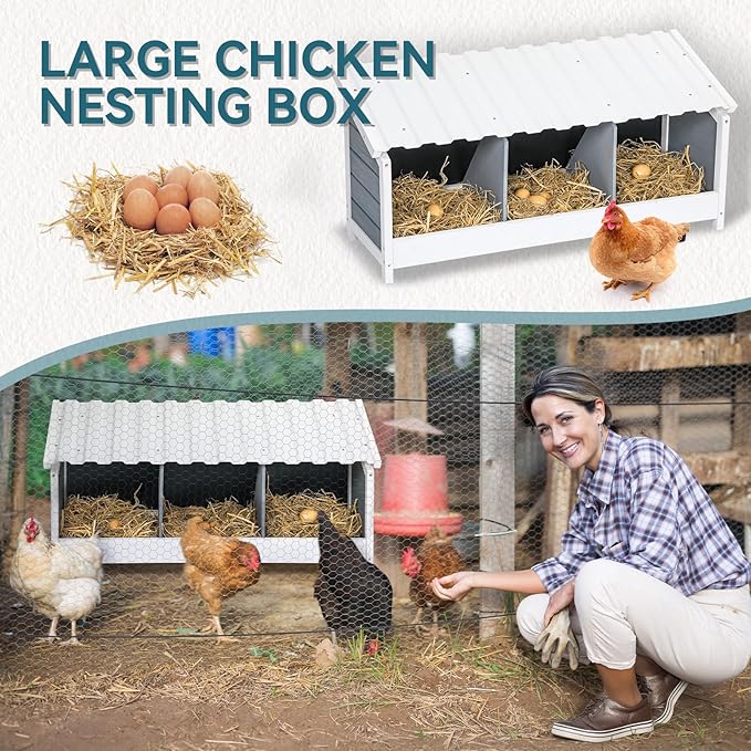 PETSFIT 3 Holes Chicken Nesting Box-All Weather PVC Roof, Natural Wood Design with Privacy Back Panel for Hens-Wall Mounted or Floor Use in Coops, Farms, Backyards,Easy to Assemble and Clean
