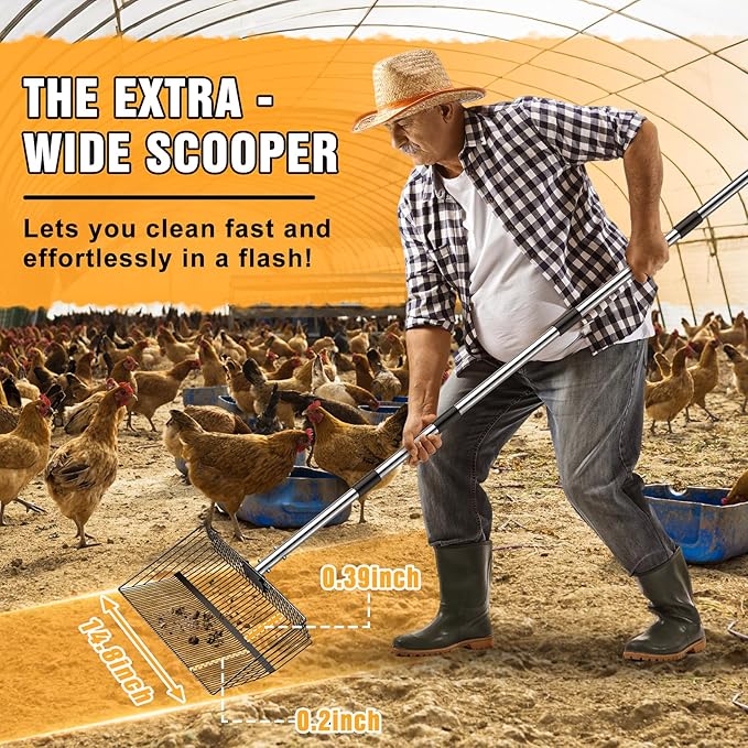 Chicken Poop Scooper, Large Metal Chicken Coop Scoop, Chicken Litter Sifting Shovel, Chicken Coop Rake with Retractable Stainless Steel Handle, Chicken Coop Cleaning Tools Accessories15Inch