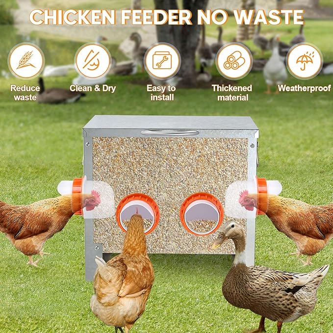 Automatic Chicken Feeder No Waste Large Capacity 25lbs 4-Ports Metal Poultry Feeder with Pull Handle for Chickens Geese Ducks Poultry Coop Weatherproof Design (25lb with 4 Ports)