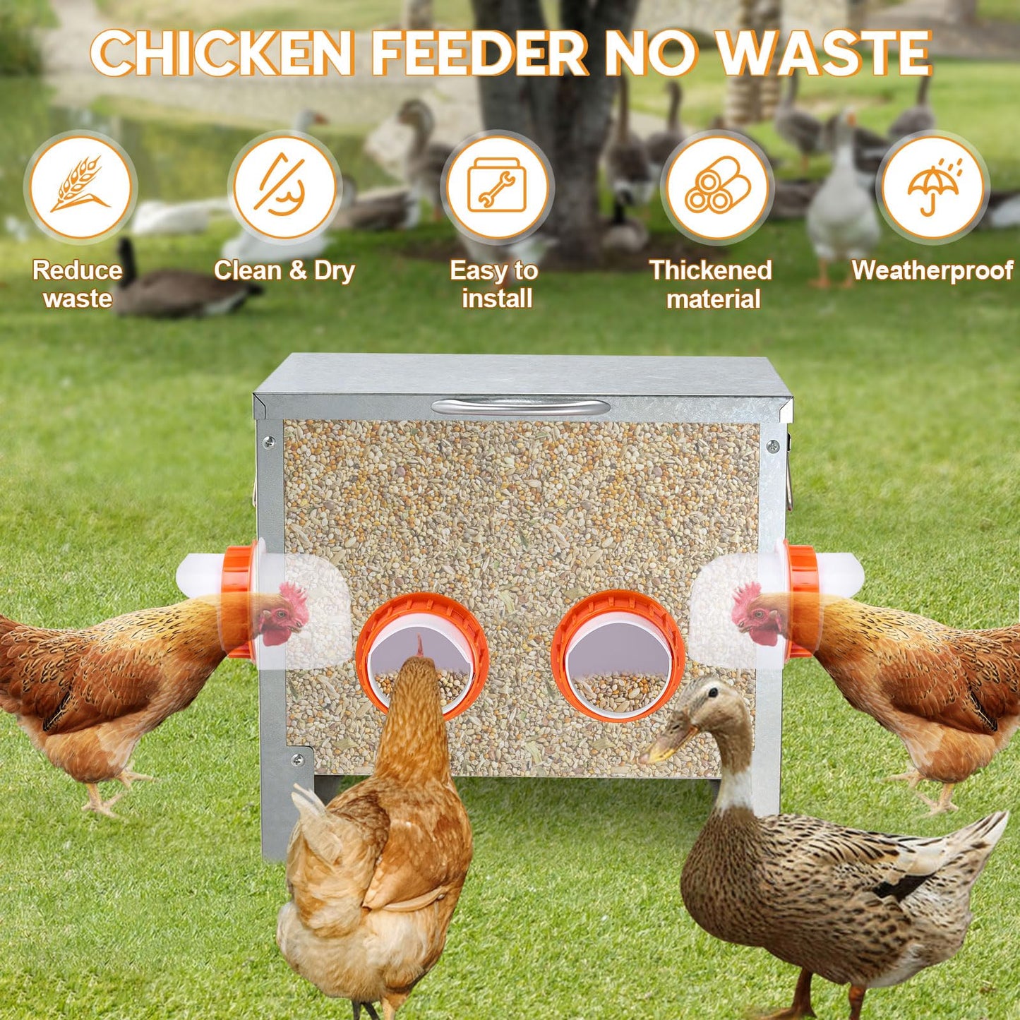 Automatic Chicken Feeder No Waste Large Capacity 25lbs 4-Ports Metal Poultry Feeder with Pull Handle for Chickens Geese Ducks Poultry Coop Weatherproof Design (25lb with 4 Ports)