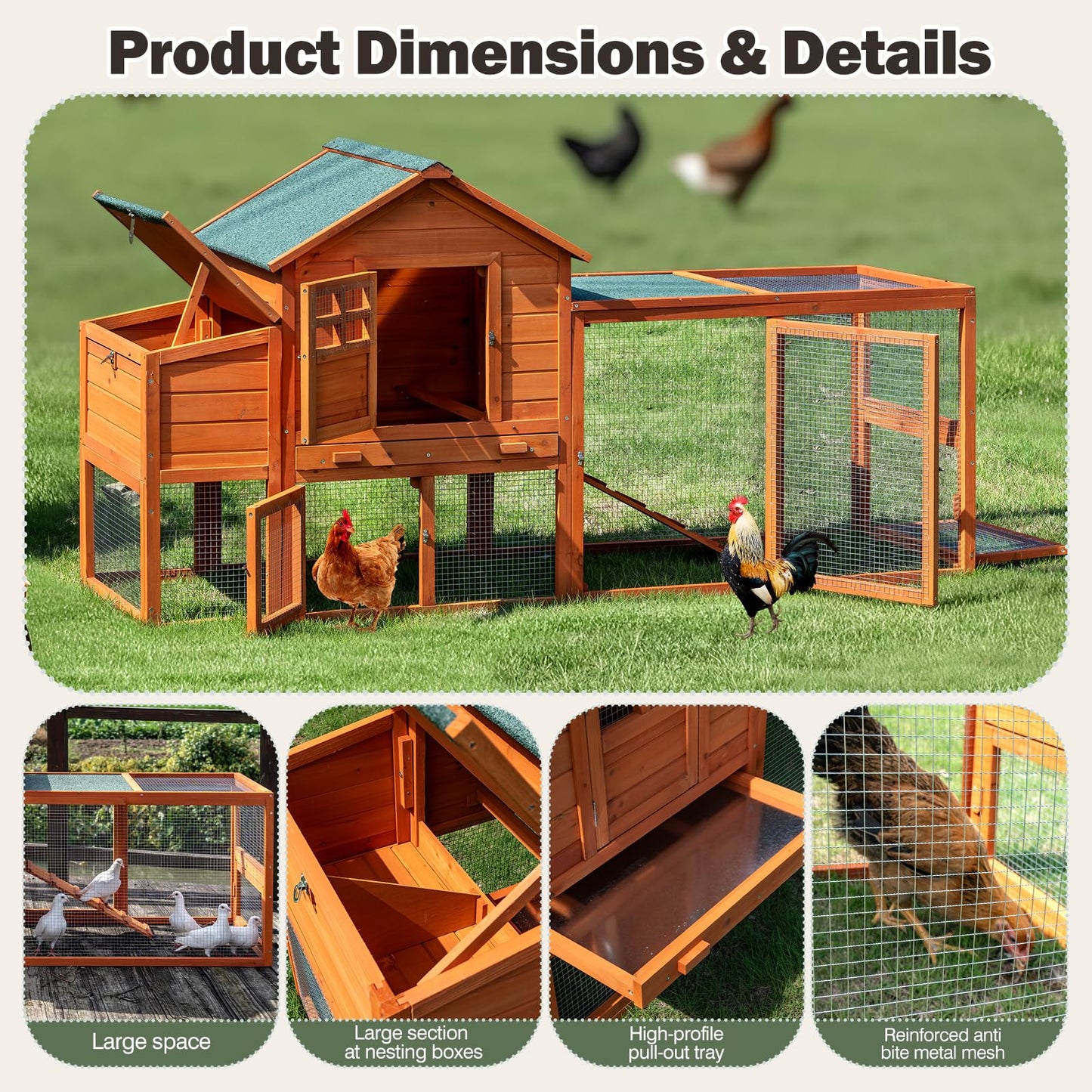 RUNSHED Chicken Coop for 4-6 Chickens Outdoor Wooden Hen House Poultry Pet Hutch for Backyard w/Run Cage & Nesting Box