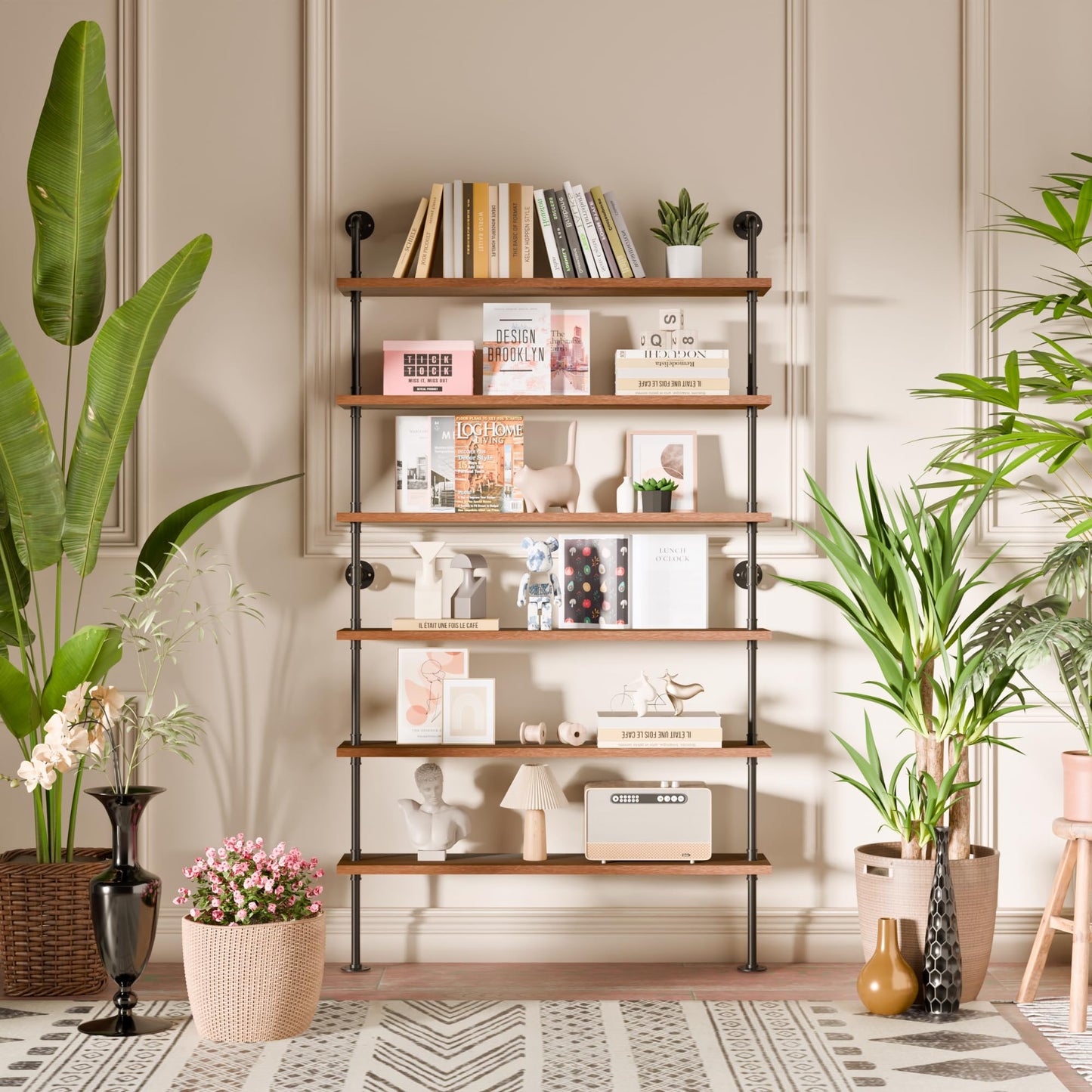 Anynice Industrial Ladder Pipe Shelf, Wall Mounted Wood Metal Bookshelf for Living Room Storage (Weathered Brown, 6 Tier - 10" D x 48" W x 82.5" H)