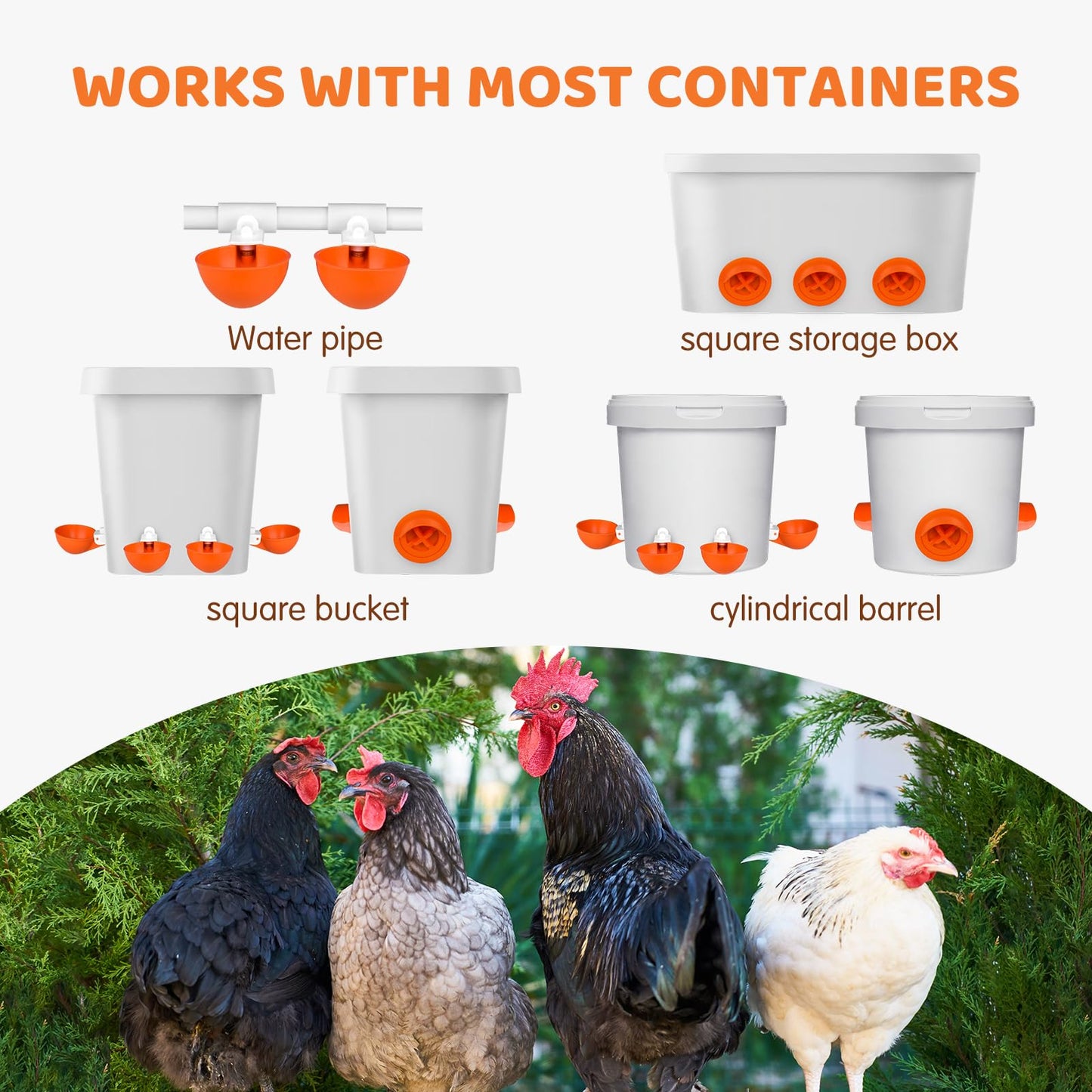 No Waste Chicken Feeder and Waterer Set, Automatic Chicken Feeder Ports & Large Waterer Cups, with Rat Stopper Caps, DIY Poultry Water Feeder kit with 2 Sizes of Hole Saws (6+6 Packs)