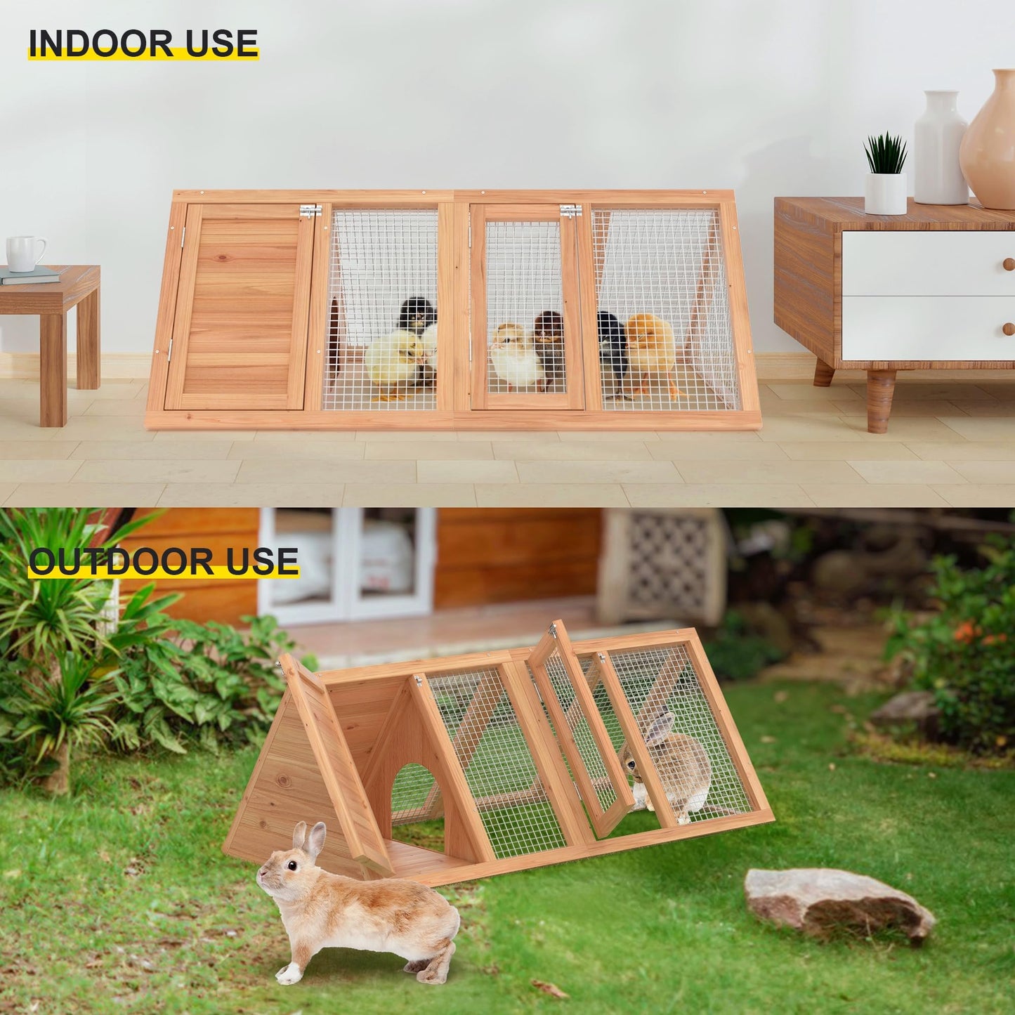 Kecreque Rabbit Hutch Outdoor Chicken Coop Run A-Frame Bunny Cage Wooden Quail Cage w/ 2 Door & Ventilated Wire Fence Small Animal Cage for Garden Backyard Farms 47 x 18 x 19.5 in