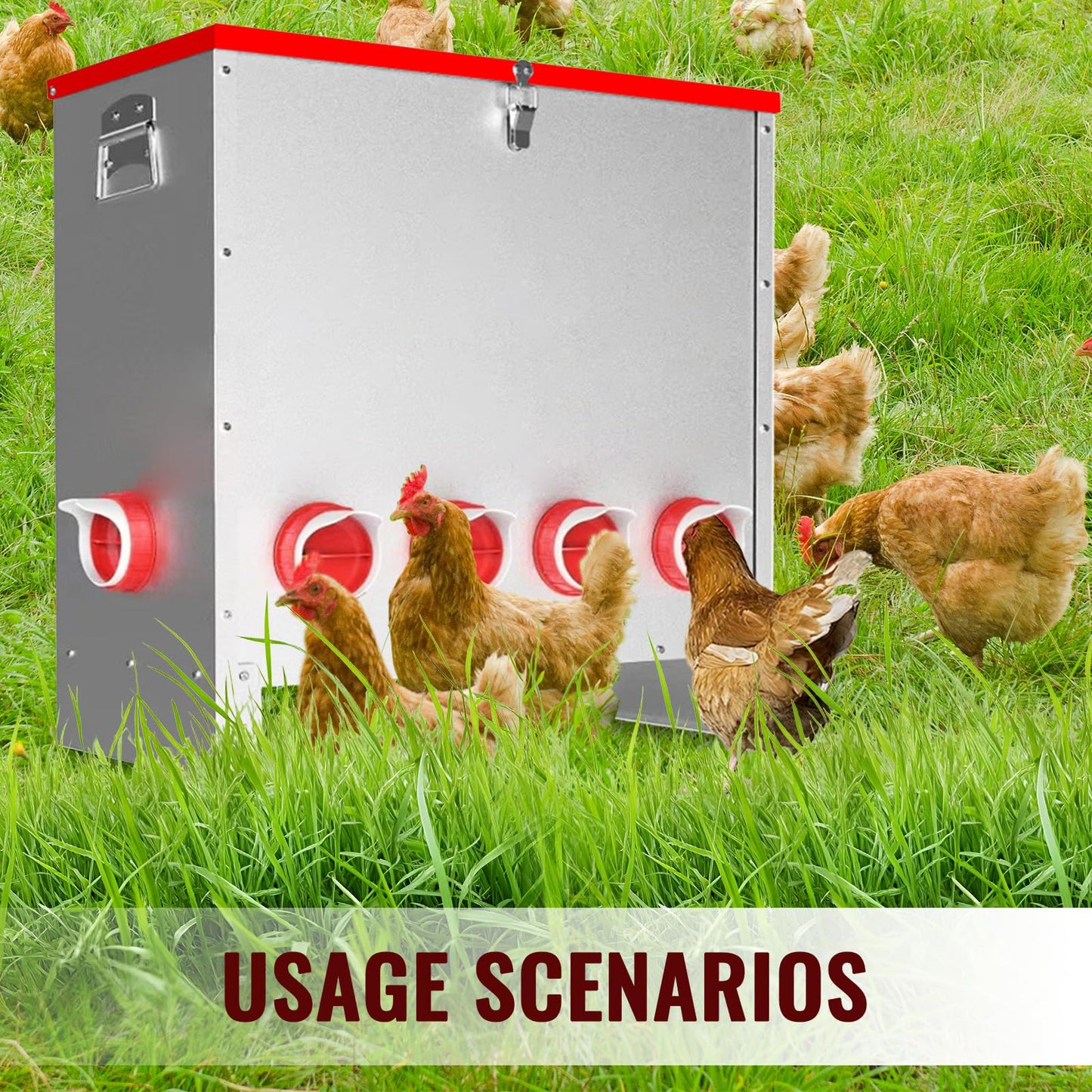 10 Ports Automatic Chicken Feeder 85 Pounds Large Gravity Fed Chicken Feeder with Latch & Handle for Chickens Bantams Pheasants Poultry Coop Weatherproof