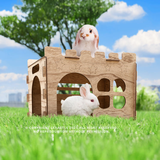 LEXASTLE Larger Bunny Castle Sturdy Walnut Color Wooden Rabbit Hideout for Bunnies Guniea Pigs Ferrets Chinchillas Hamsters
