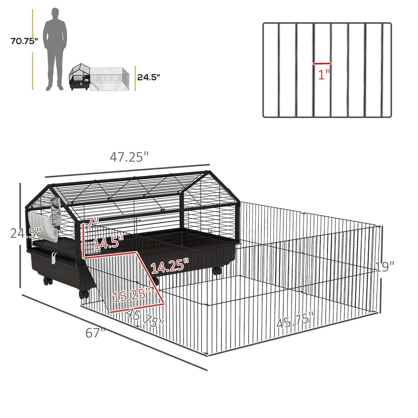PawHut Small Animal Cage with Foldable Run Area, Rolling Bunny Cage, Guinea Pig Cage with Water Bottle, Water Bowl, and Ramps, 46.5"
