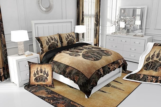 Erosebridal Rustic Farmhouse Bedding Sets Full Camo Bear Paw Comforter Set Woodland Hunting Camouflage Animal Bedding Comforter Sets for Kids Boys Adults Men,Retro Cabin Wildlife Quilt Set