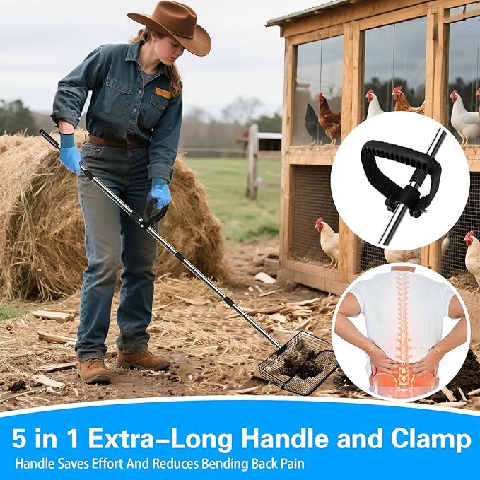 Large Chicken Poop Scooper Chicken Scooper for Poop with 37" to 75" Adjustable Stainless Steel Handle Gloves Litter Sand Sifting Shovel Cleaning Tool for Chicken Coop Goat Stall Stable