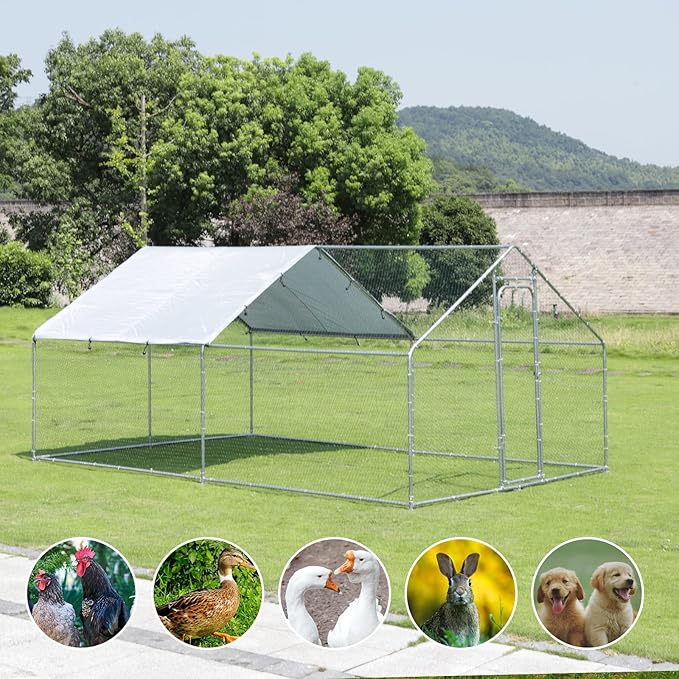 Large Chicken Run Metal Chicken Coop, Outdoor Dog Kennel with Roof Waterproof Anti-UV Cover Secure Lock for Outside Backyard Farm(13.1' L x 9.8' W x 6.56' H)