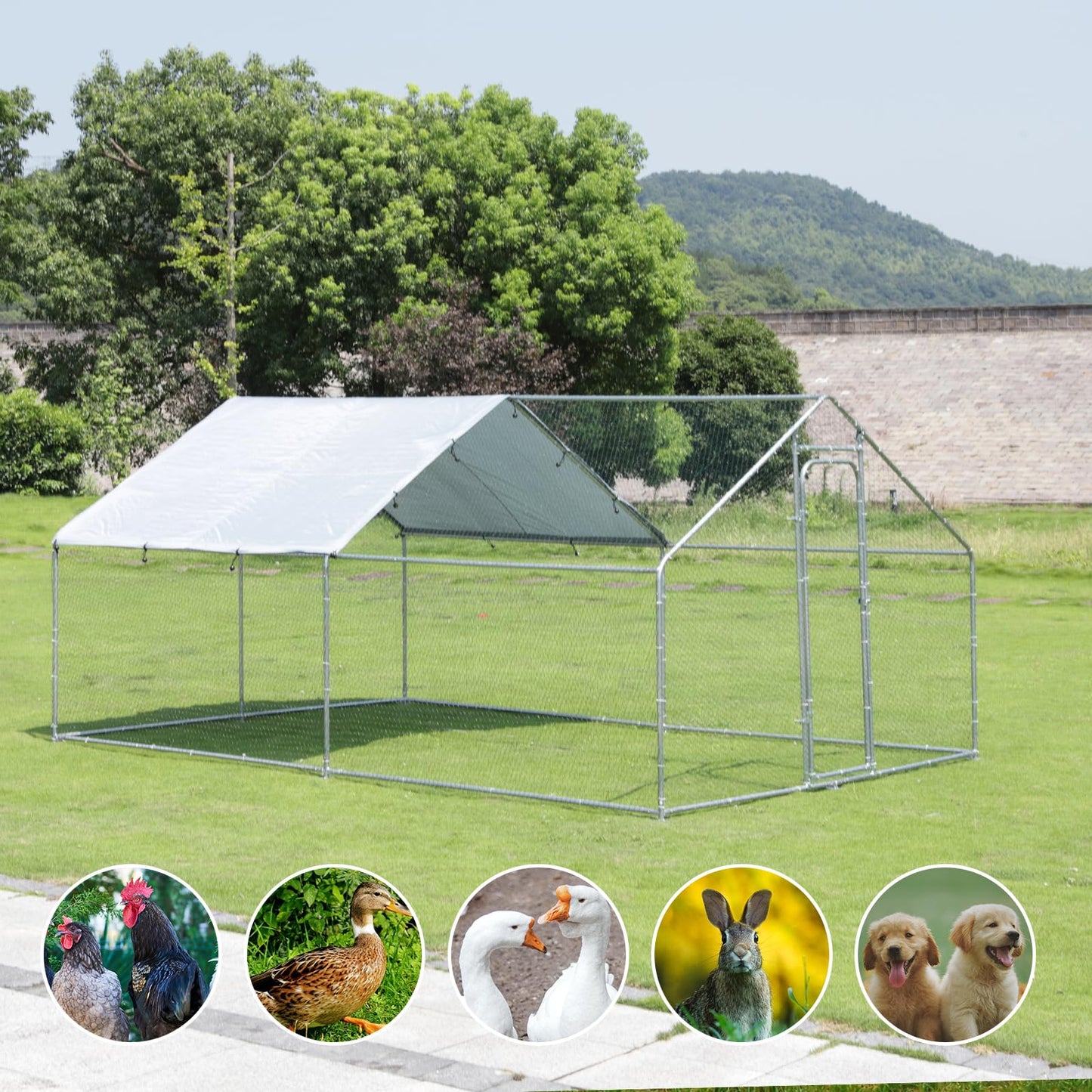 Large Chicken Run Metal Chicken Coop, Outdoor Dog Kennel with Roof Waterproof Anti-UV Cover Secure Lock for Outside Backyard Farm(13.1' L x 9.8' W x 6.56' H)