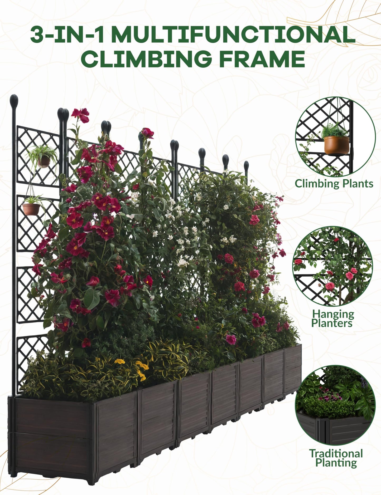 Hipicute 7 PCS Plastic Plant Box with Metal Trellis, Raised Garden Bed with Trellis Planter for Climbing Plant Outdoor Raised Privacy Screen for Patio Balcony,Planter Box for Backyard Patio