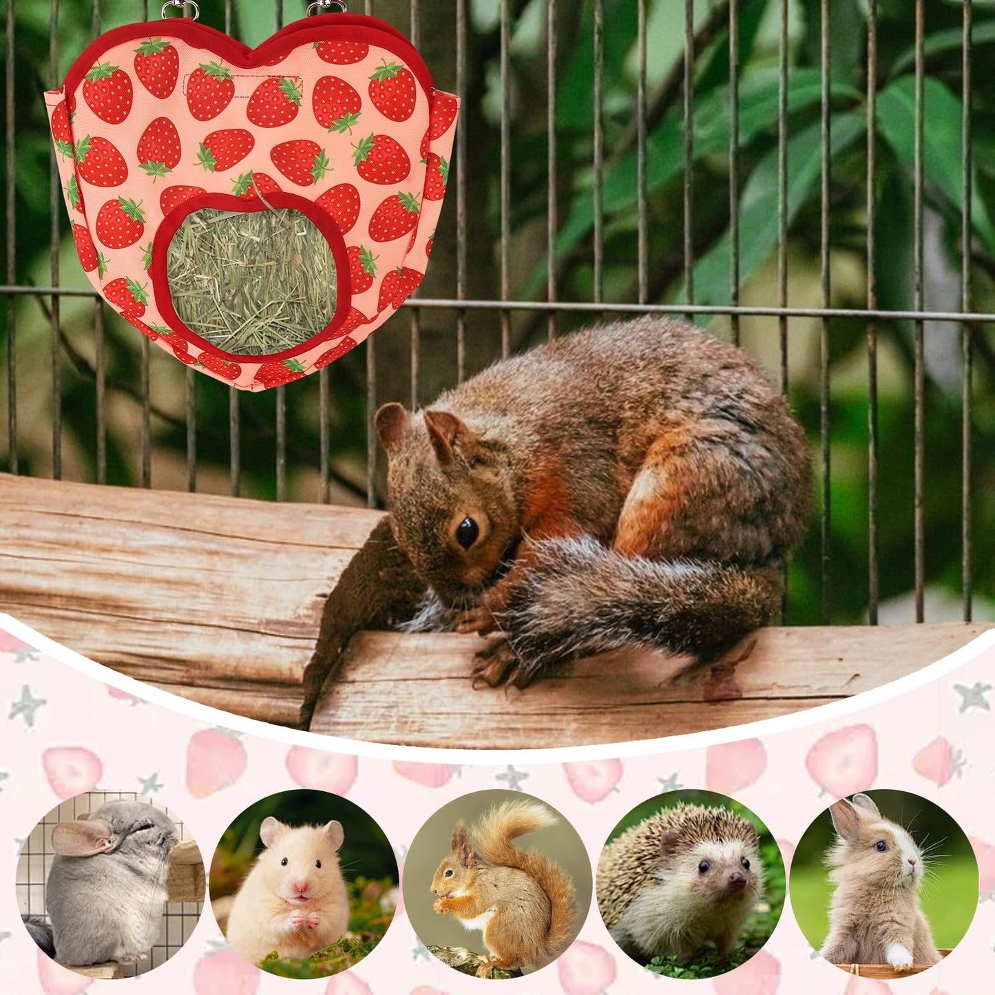 ABTOLS Rabbit Hay Feeder Bags, Hanging Hay Feeder for Cage Guinea Pigs Chinchillas Hamsters Heart Shape Red Strawberry Bunny Small Animal Pet Cartoon Hay Bag