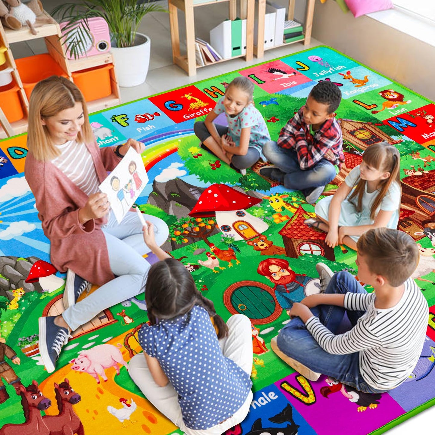 ABC Kids Rug for Playroom 78.7"×59" Hobbit House Educational Kids Playmat Alphabet Animal & Shape Learning, Premium Non-Slip Playmat for Toddlers Letters Farm Animals Color Foam Classroom Carpet