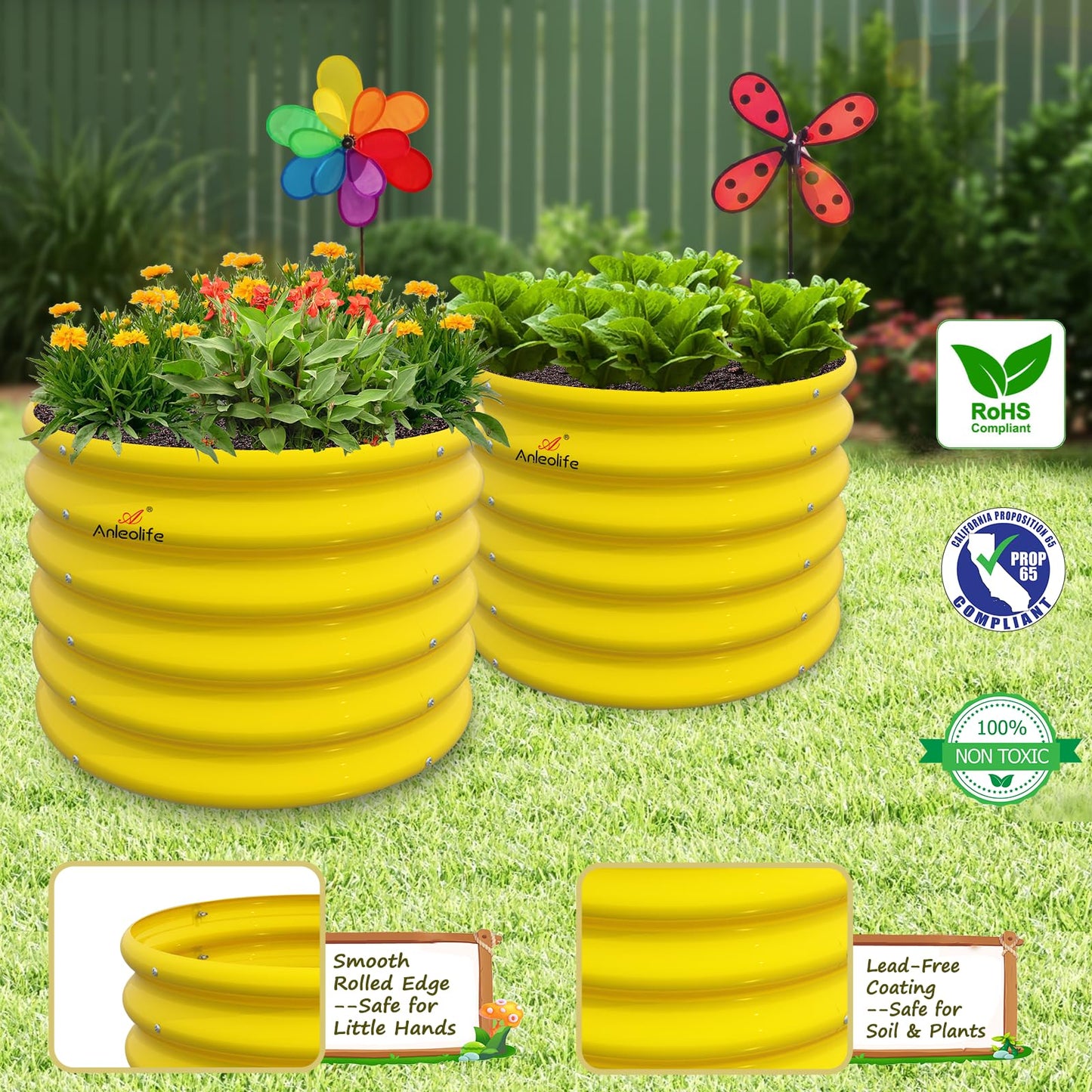 A ANLEOLIFE Kids Raised Garden Beds Outdoor (4-Pack)-24x24x18in Round Galvanized Metal Planter Box for Planting Vegetables, Flowers, Fruits, Eco-Safe & Easy Setup, Sunlit Gold