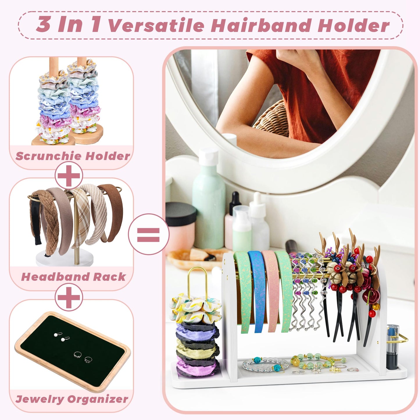 BEGULF 3 In 1 Headband Holder Organizer for Women, Versatile Headband Storage, Metal Headband Stand with Wood Base and Scrunchie Holder, Headband Display for Hair Accessories, Jewelry (White)