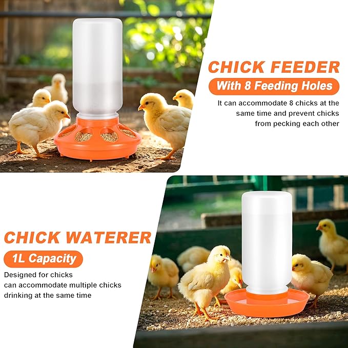 Plastic Baby Chicken Feeder and Waterer Set (White&Orange)