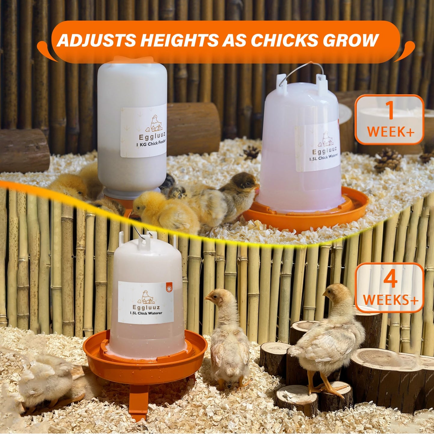 Eggluuz Chick Feeder and Waterer Kit Automatic Chicken Feeder and Waterer Set, 1L Chick Feeder and 1.5L Chick Waterer with 3 Heights Adjustable Legs