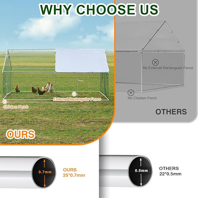 Chicken Coop Large Metal Chicken Run, Outdoor Walk-in Poultry Spire Roof Cage with Chicken Perch for Hen House, Duck Coop and Rabbit Run, Silver (9' L x 13.1' W x 6.56' H)