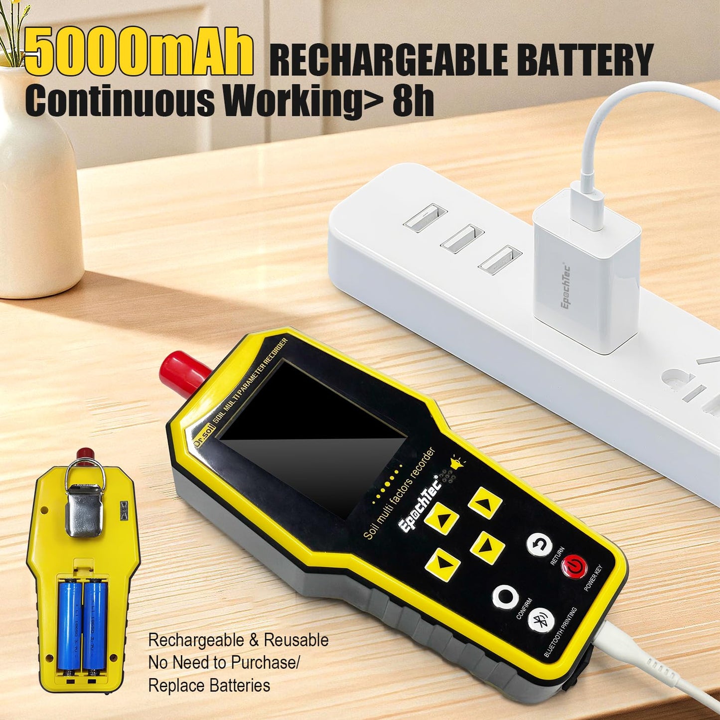 EpochTec 7 in 1 Soil Tester, ±1% High Precision Digital NPK Tester/Soil Moisture Meter/PH Tester/Temperature/EC Monitor for Agriculture, Plant Cultivation, Geological Survey with Data Storage & Export