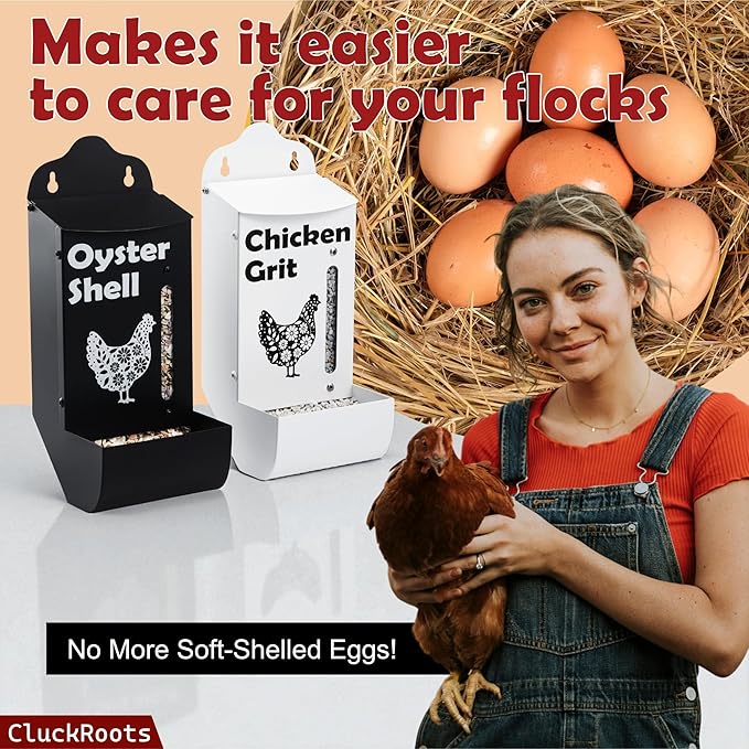 CluckRoots Chicken Grit and Oyster Shell Feeder Combo, No-Spill Weatherproof Heavy-Duty Design, Lift-Off Wall-Mounted Metal Dispenser w/View Window, Chicken Coop Accessories Gifts for Lovers Women