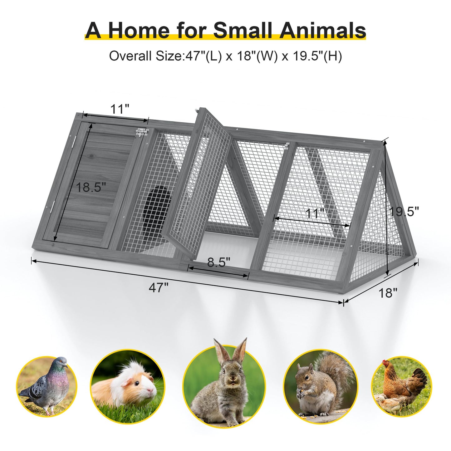Rabbit Hutch, Small Chicken Coop Outdoor A-Frame Quail Cage with 2 Door & Run Cage Wooden Triangle Quail Hutch with Ventilating Wire Poultry Hutch for Small Animal (Gray)