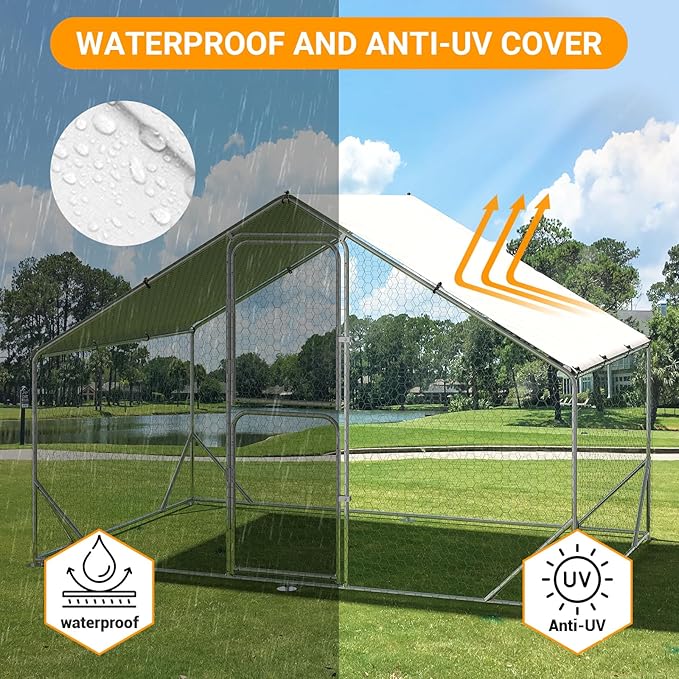 Chicken Runs for Yard with Cover, Large Metal Chicken Coop, 9.8x6.5x6.5FT Chicken Pen with Waterproof and Anti-UV Cover, Walk-in Poultry Cage for Yard Outdoor Duck Rabbit Cage