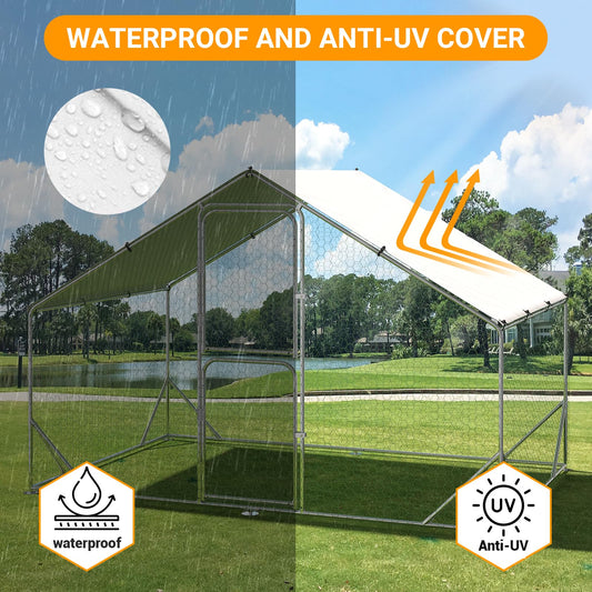 Chicken Runs for Yard with Cover, Large Metal Chicken Coop, 9.8x6.5x6.5FT Chicken Pen with Waterproof and Anti-UV Cover, Walk-in Poultry Cage for Yard Outdoor Duck Rabbit Cage