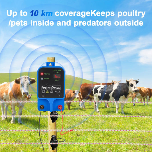 6.32 Mile Electric Fence Charger, 2 Joules/10.5kV Electric Fence Charger for Livestock,3 Mode Power Supply,Fence Energizer for Wildlife Prevention, Farm,Garden(NOT INCLUD Output Cable)