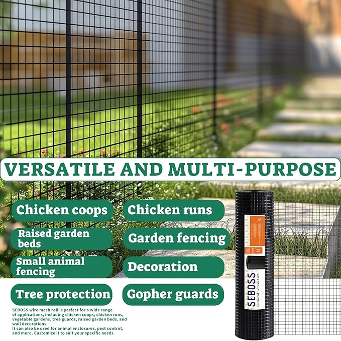 SEBOSS Black Hardware Cloth 1/2 inch 60 x 100 ft 19-Gauge, Vinyl Coated Wire Mesh Roll Chicken Wire Mesh Chicken Wire Fencing Wire Fence Roll Garden Fencing Welded Wire Hardware Mesh