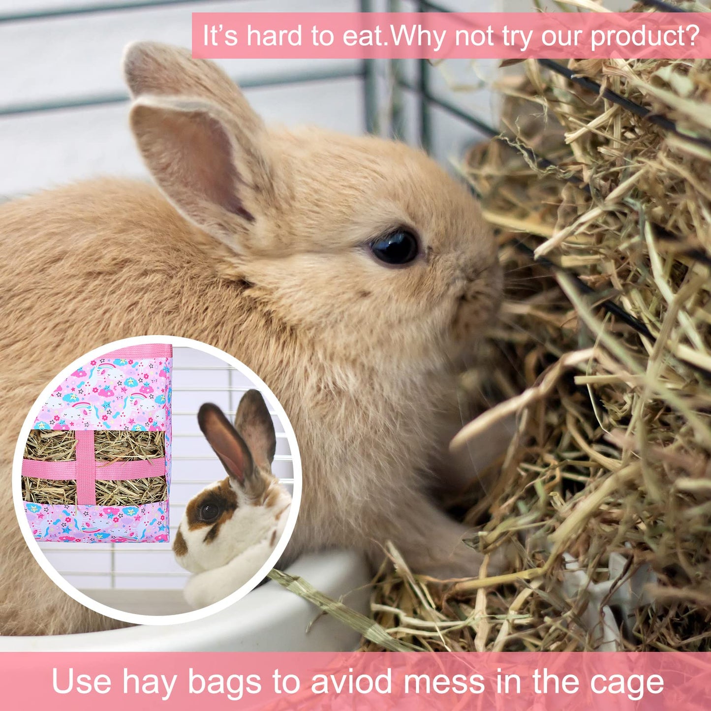 2 Pieces Guinea Pig Hay Bag Washable Pet Rabbit Hay Feeder Bag with 2 Holes Cute Small Animal Hanging Feeder Sack Storage for Rabbit Guinea Pig Chinchilla Hamster Small Pets (Mermaid, Unicorn)