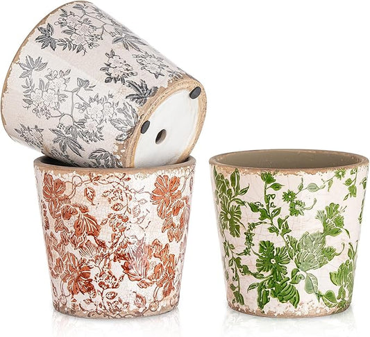 Sungmor Vintage Ceramic Plant Pots, Set of 3 Pretty Ice Cracked Glaze Ceramic Flower Pots, 5.5in. Herb Planters with Drainage Hole, Tuscan Planters for Indoor Outdoor Plants, Home Garden Decor Pot
