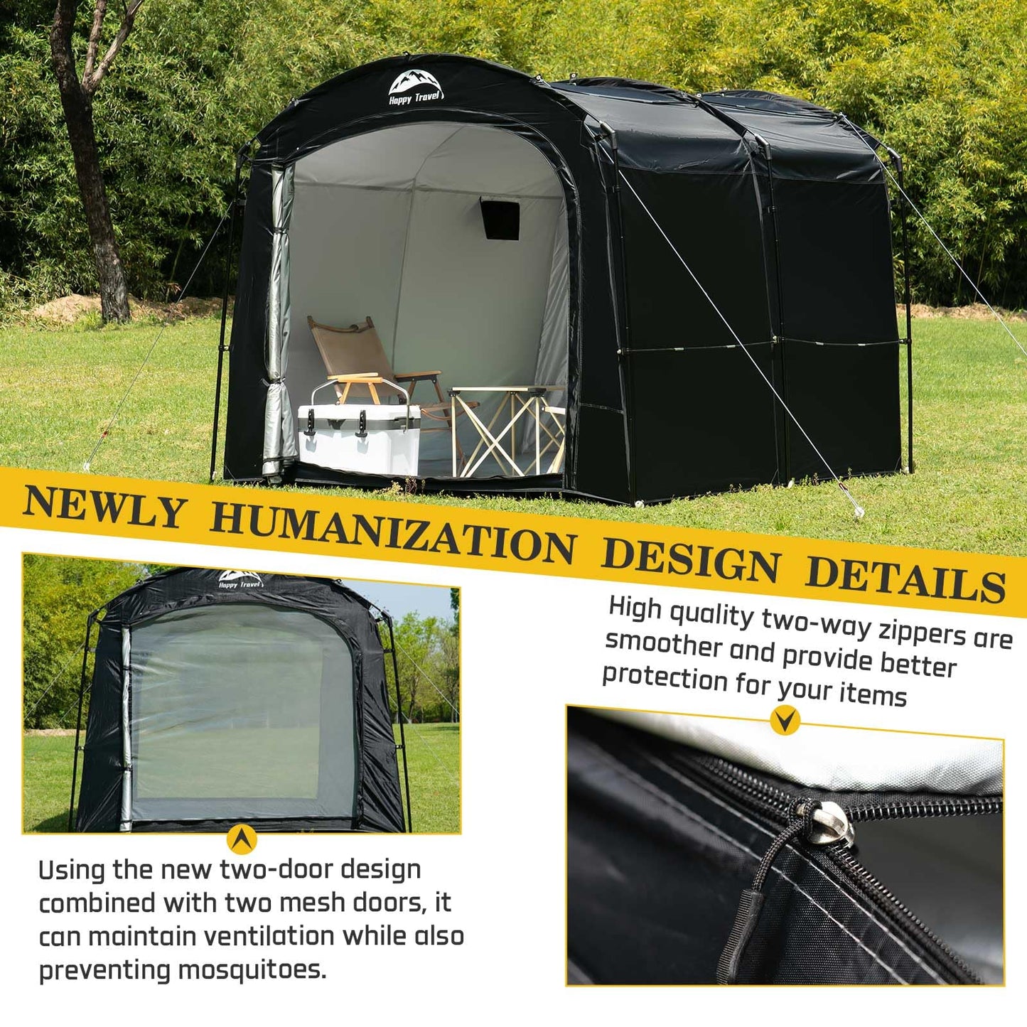 Happy Travel Bike Storage Tent, Outdoor 8×7×6.3ft Large 2-in-1 Portable Shed More 30% Top Space W/Double Doors with Mesh, Outside Lawn Mower Shelter and Bicycle Cover for Patio Furniture, Garden Tools