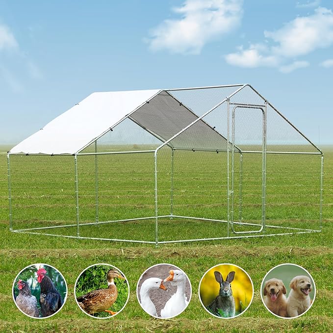 Wonline Large Metal Chicken Coop, Outdoor Walk-in Poultry Spire Top Cage with Climbing Frame Waterproof&Anti-UV Cover, for Hen House, Duck Coop and Rabbit Run, Silver (9.8' L x 9.8' W x 6.56' H)