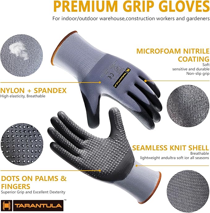 Tarantula Safety Work Gloves MicroFoam Nitrile Coated 12 Pairs,Endurance Seamless Knit Nylon,Dots on Palm,Dot Grip Gloves,Lagre