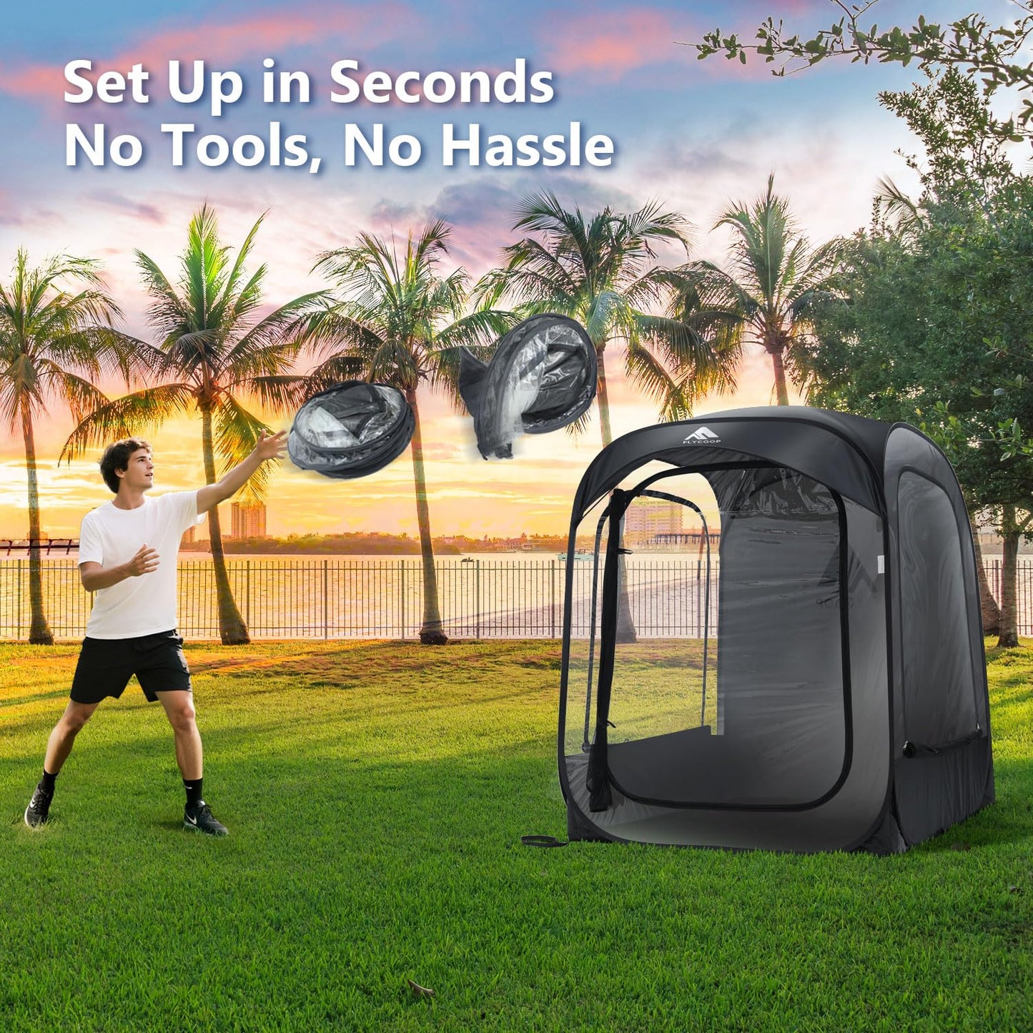 Sports Tent: Flycoop Portable Weather Pop Up Pod 2-4 Person to Provide Shelter from Wind Rain and Cold Weather Shelter for Outdoor Activities, Sports Events, Camping and Hiking (Black,L)