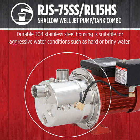 Red Lion RJS-75SS/RL15HS 115/230 Volt 3/4 HP, 12.8 GPM Stainless Steel Shallow Well Jet Pump and 15 Gallon Tank System, Stainless Steel, 602240