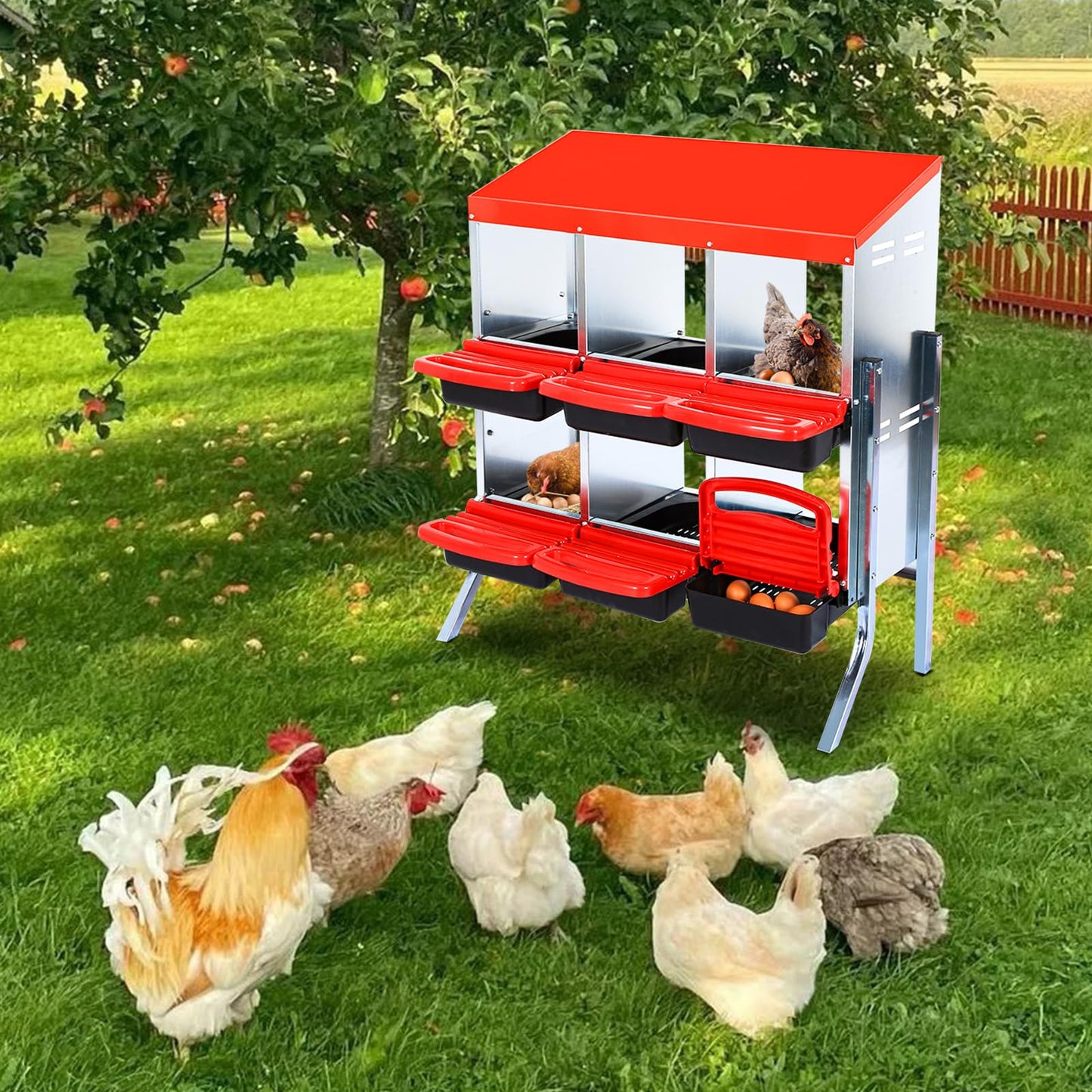 Chicken Nesting Boxes for Laying Eggs, 6 Compartment Nesting Boxes for Chickens, Roll Away Chicken Laying Box for Chicken Hens Poultry, with Legs, Red