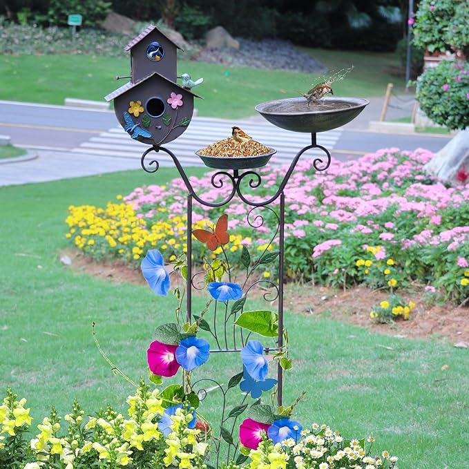 52" H Bird Bath and Metal Birdhouses for Outdoors,Metal Standing Bird Bath Feeder and Climbing Plant Trellis 4-in-1,Garden Yard Decor