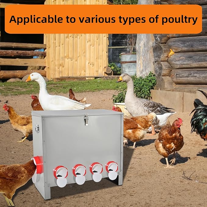 Automatic Poultry Chicken Feeder No Waste Metal Large Capacity 88 lbs Feeders for Chickens Ducks, Geese Bantams Pheasants Coop Weatherproof (10-Port)