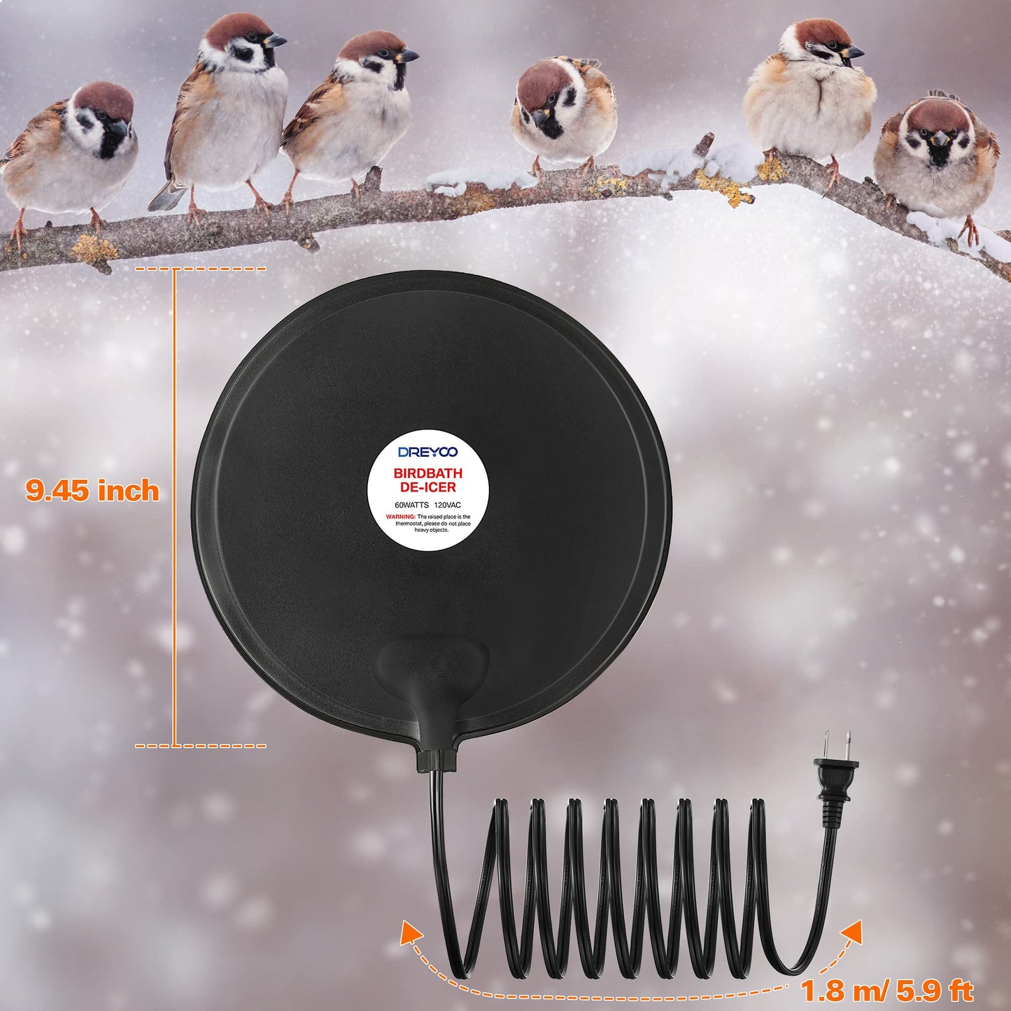 Dreyoo 1 Pack Bird Bath De Icer, 60w Submergible De Icer, Thermostatic Controlled Winter Water Heater Deicer for Bird, Chicken, Duck, Farm Trough, Design Patent Product