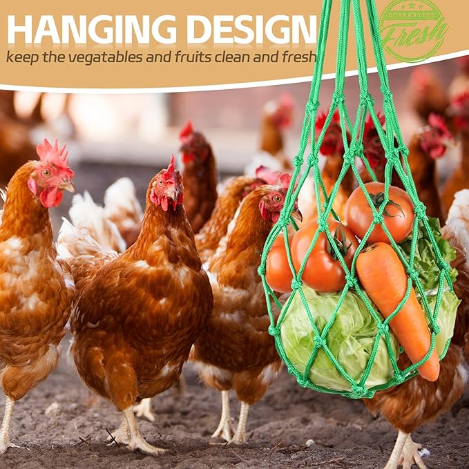 3PCS Chicken Vegetable Hanging Feeder, Chicken Vegetable and Fruit String Bag, Chicken Toys for Coop, Chicken Cabbage Feeder, Hanging Chicken Feeder with Hook for Hens Goose Duck (3PCS Green)