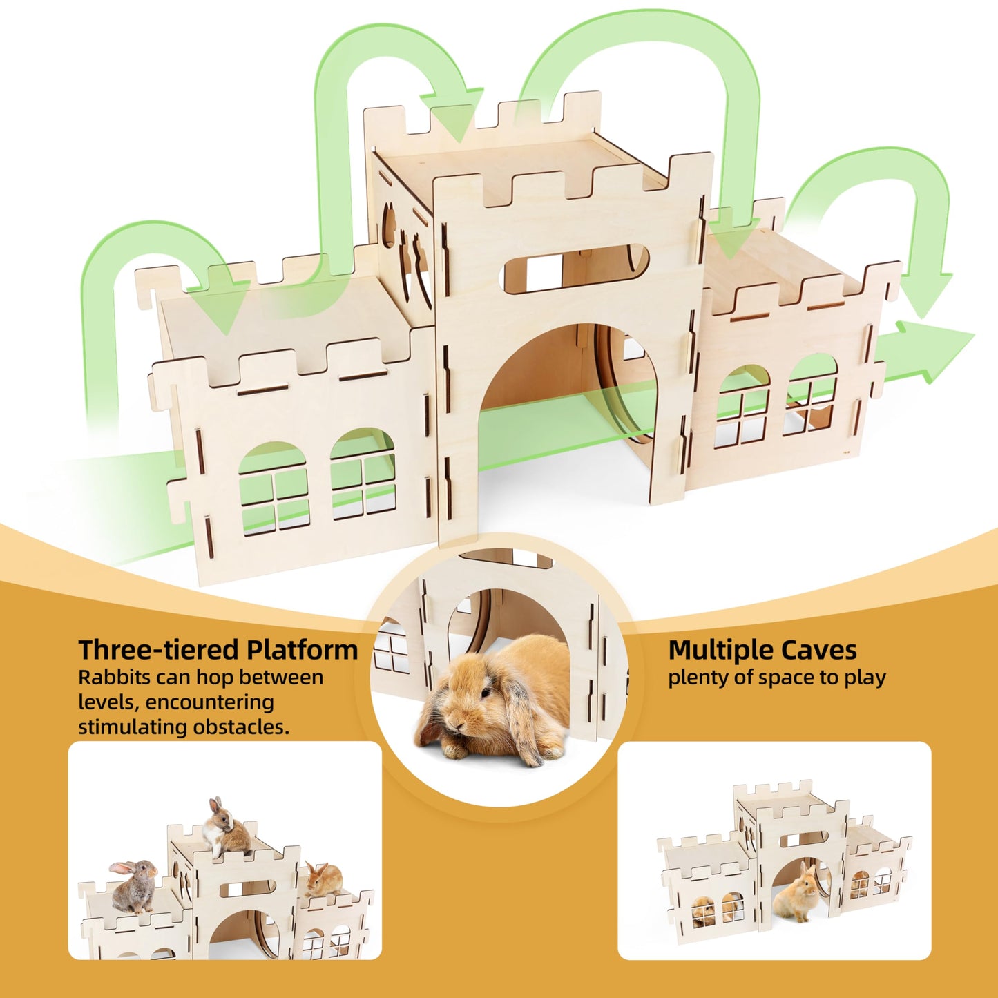 HIIMALEX Extra Large Bunny Castles Hideout Split Balcony for Indoor Bunnies Climbing Tower with Tunnel Sturdy House for Rabbits Ferrets Guinea Pigs Hamsters Ventilated Enrichment Toys Habitat