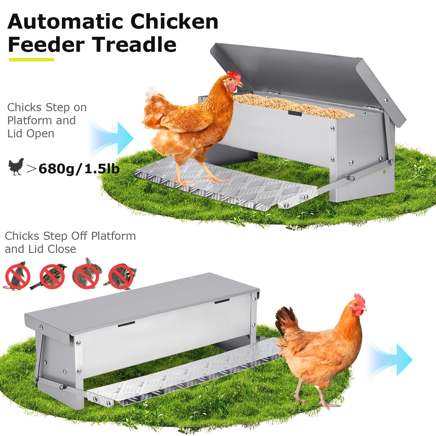 PAULOZYN Automatic Chicken Feeder Treadle Large Poultry Feeders No Waste Stainless Steel Rat Proof Chicken Feeder Trough with Weatherproof Lid Treadle Chicken Feeder Self-Opening for Duck Fowl