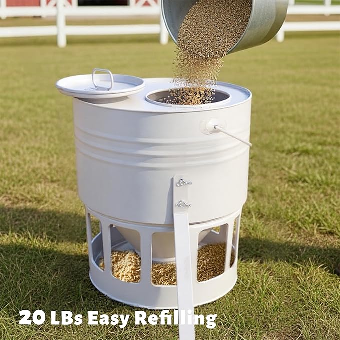 KOL Metal Chicken Feeder - 20lbs Ground Poultry Feeder with 12 Ports, Powder Coated Rust-Proof Design & Smooth Edges for Safe Feeding (Jade White)