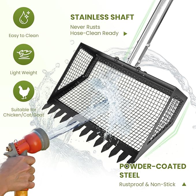 Chicken Poop Scooper for Sand, 75.2" Extra Long Chicken Coop Rake, Stainless Steel Handle Adjustable Coop Accessories 2-in-1 with 10" Large Metal Shovel Head for Poultry Dog Cat Litter