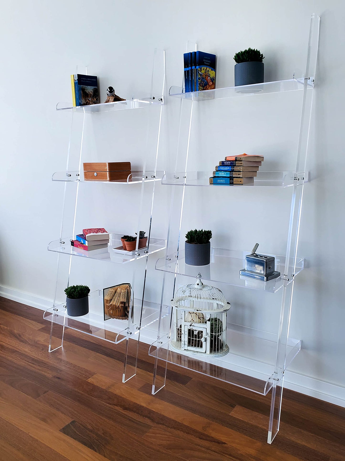 Acrylic Ladder Bookcase Wall Leaning Shelves – Large & Robust Modern Clear Floating Bookshelf - Decor Display for Open Shelving, Organizer, or Storage in the Living Room, Office, Bedroom, or Bathroom