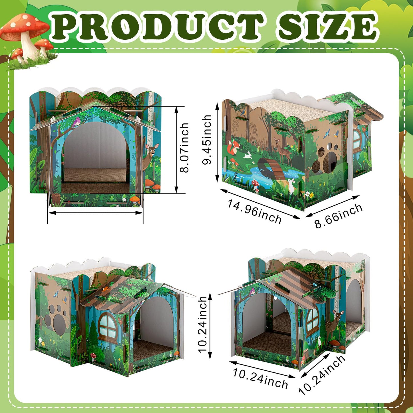 Lineshading Multi Level Cardboard Cat House with 3 Scratchers Forest Theme Large Sturdy Cat Villa 17"x12"x10" Cute Pet Condo Beds Toys Hideout for Bunny Small Animals Birthday Forest Theme Party