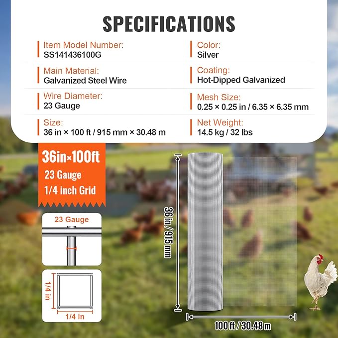VEVOR Hardware Cloth, 1/4 inch 36in x 100 ft 23 Gauge, Hot Dipped Galvanized Wire Mesh Roll, Chicken Wire Fencing, Wire Mesh for Rabbit Cages, Garden, Small Rodents
